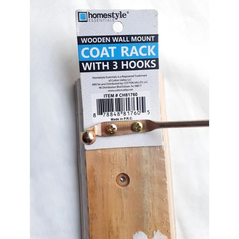 Home Essentials Wooden Wall Mount 3 Hook Coat Scarf Hat Rack NIP